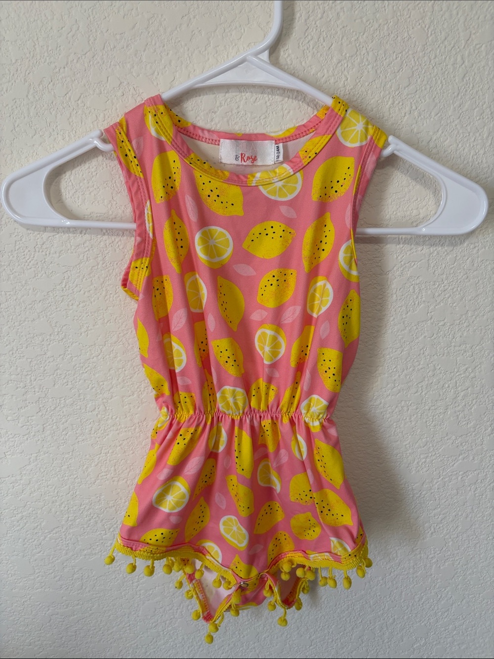 Mila & Rose Girls Pink Lemon-Print Pom Pom Romper